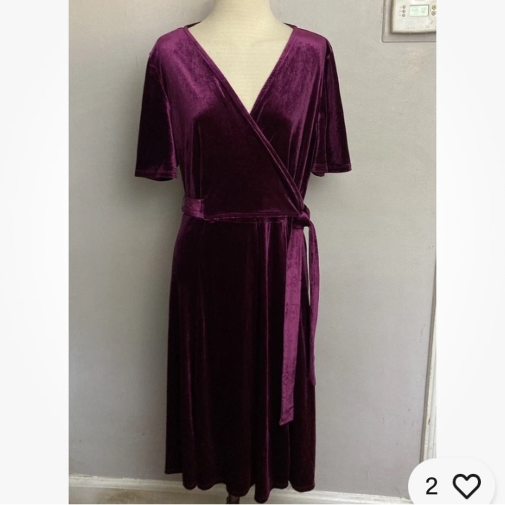 9-20 Tacera Velvet Faux Wrap Dress Large Purple Knee Length
